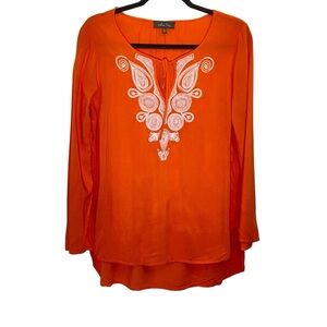 Melissa Paige Womens size Large Orange & White Embroidered V-Neck Peasant Blouse